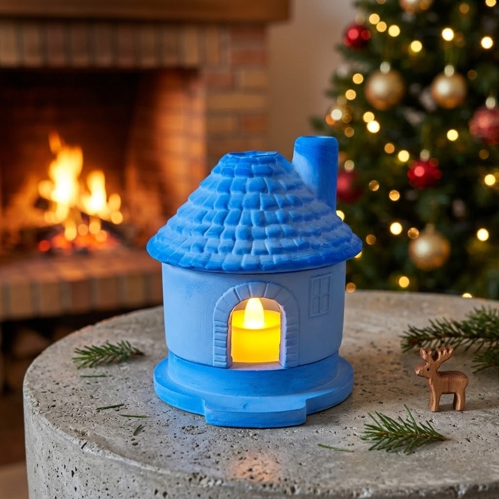 Handmade Candle Holders - A small blue house-shaped candle holder with a lit yellow candle inside, placed on a round stone table in front of a cosy fireplace and a blurred Christmas tree.