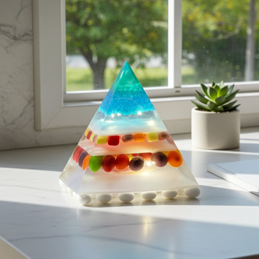 Triangular Pyramid LED lamp filled with colourful sweets, by a plant and window, on a white marble counter top.