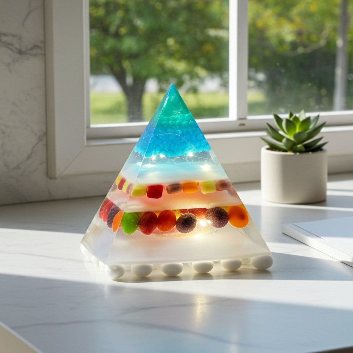 Triangular Pyramid LED lamp filled with colourful sweets, by a plant and window, on a white marble counter top.