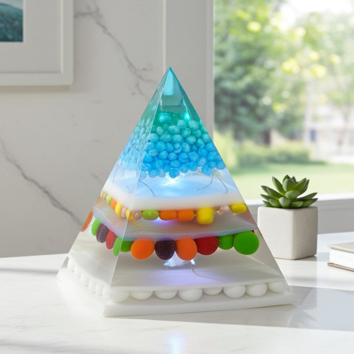 Colorful pyramid-shaped lamp with embedded sweets and LED lights on a white surface.