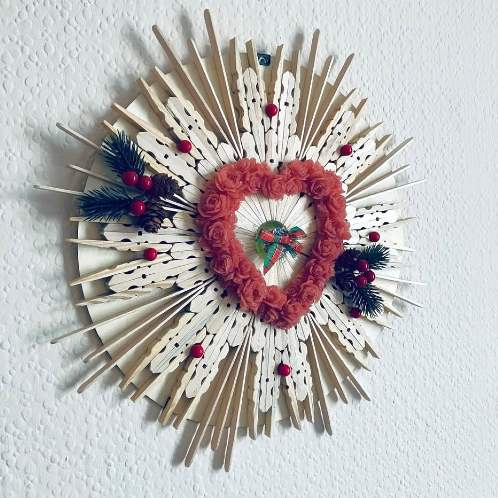 Wooden Christmas Wreath handmade wall art with heart design and seasonal decorations