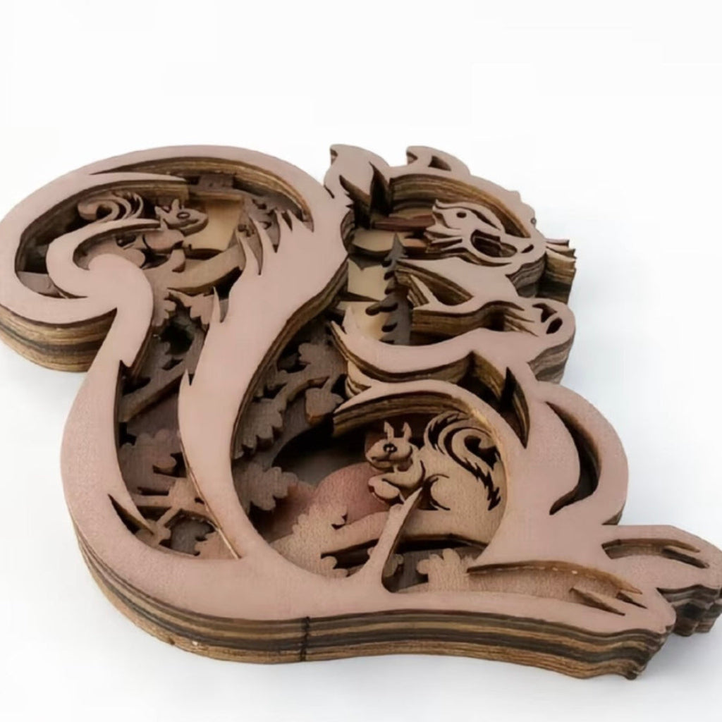 Wooden Squirrel Ornament - A 3D layered wooden puzzle plaque featuring a detailed squirrel design, photographed on a clean white background.
