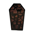 Coffin Shaped Fridge Magnets - A coffin-shaped Halloween fridge magnet, featuring a haunted house, cat, and full moon design, shown against a plain white background