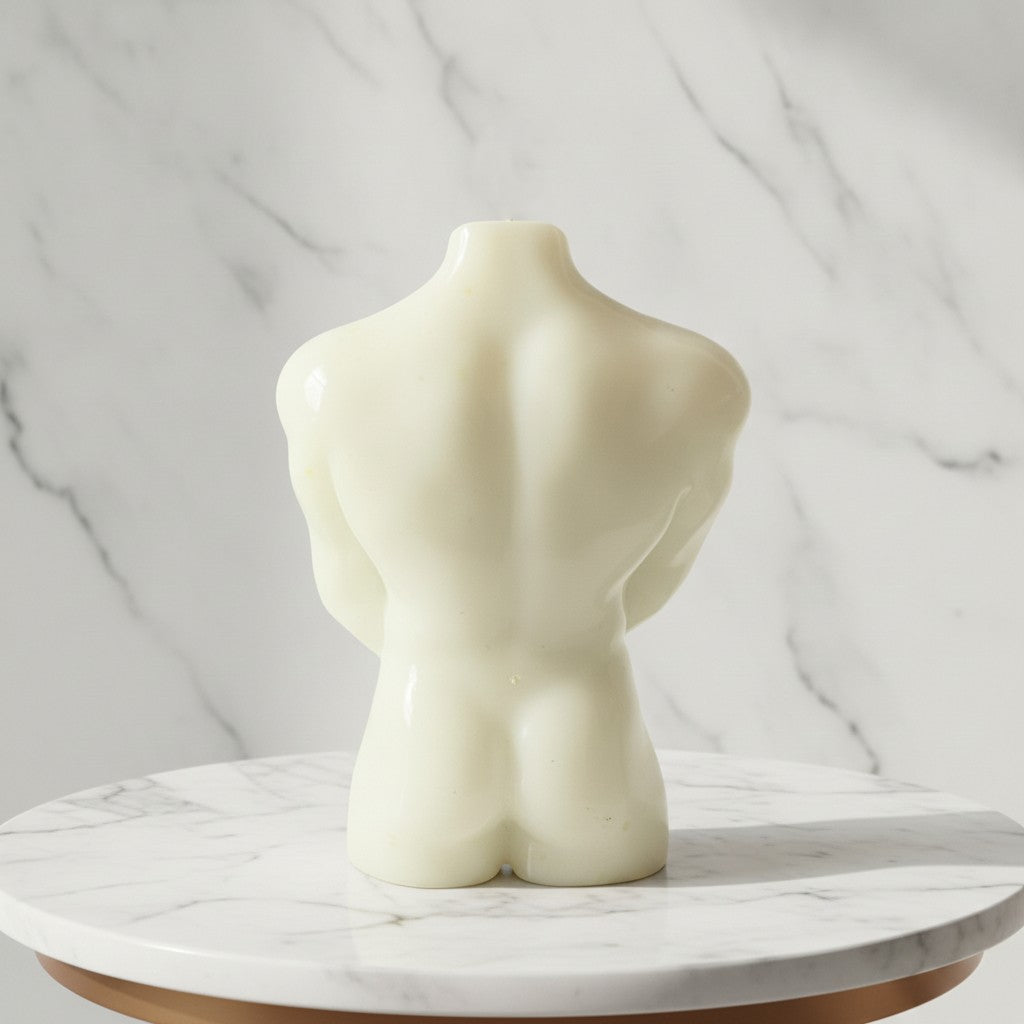 Back view of a Male Torso Figurine made from resin, showcasing minimalist design for modern decor.