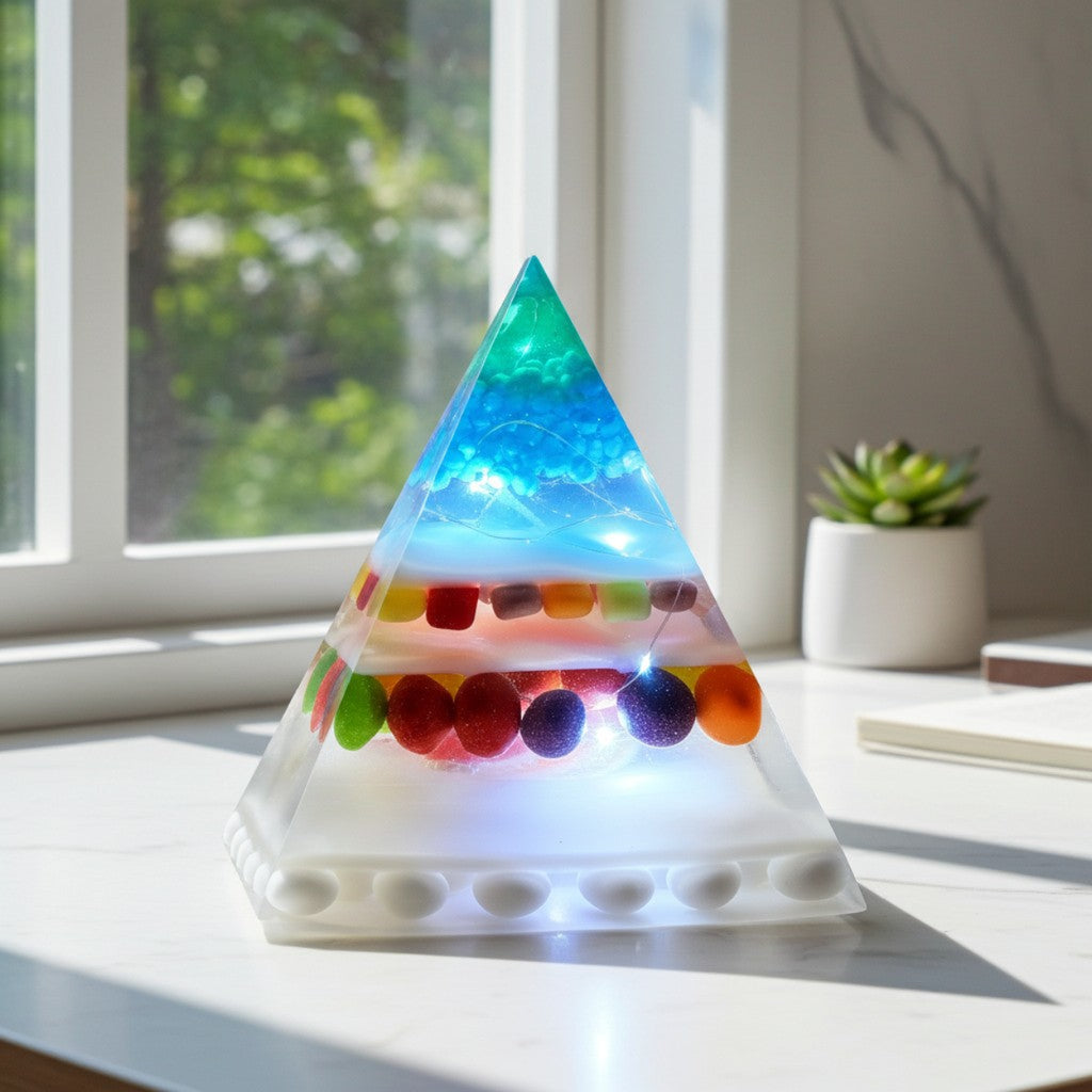Pyramid-shaped lamp with colorful sweets and LED lights on a table near a window.