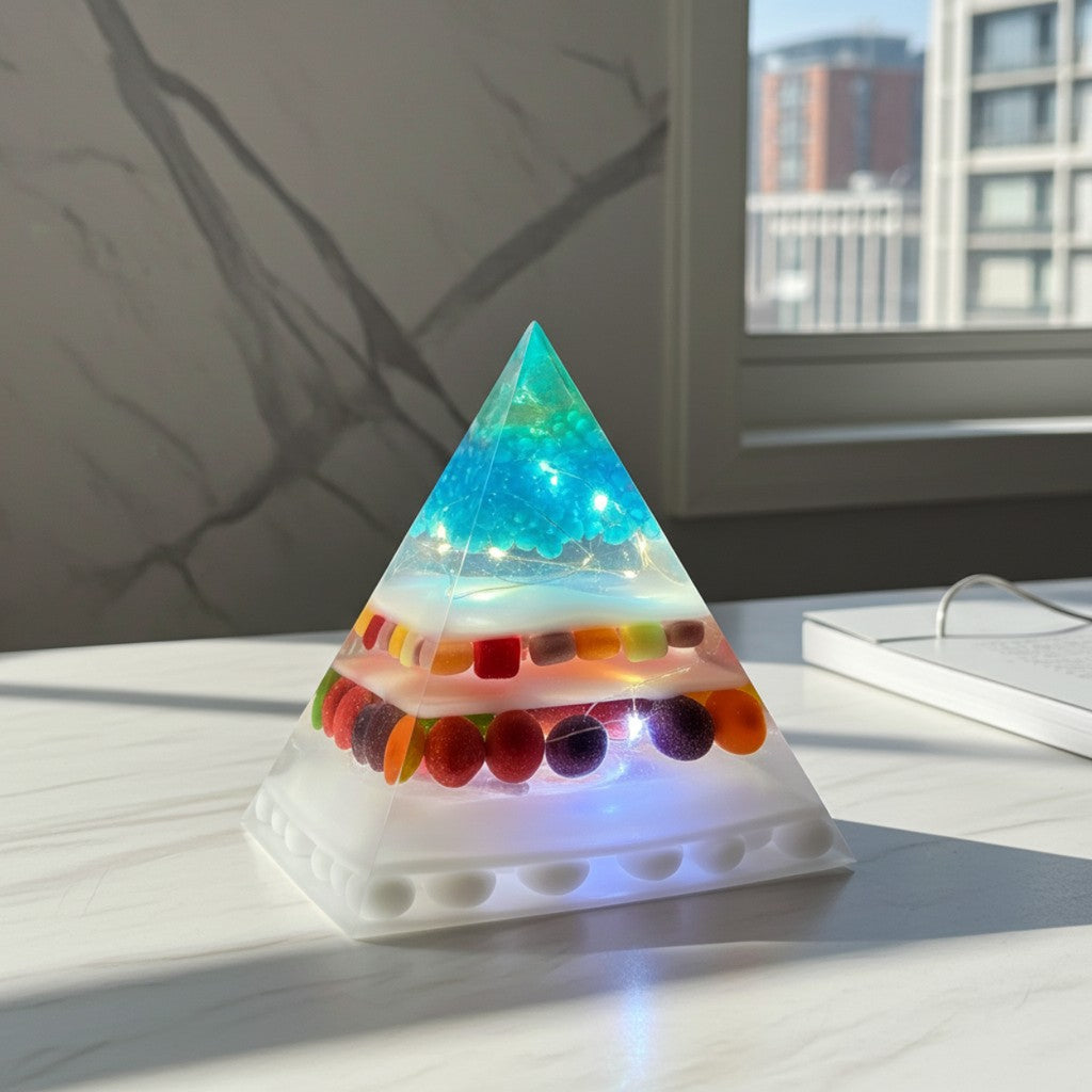 Triangular Pyramid LED lamp filled with colourful sweets, on a white marble counter top.