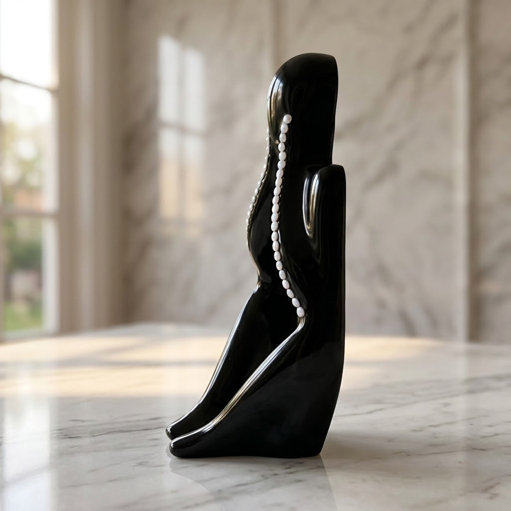 Nordic Resin Thinker - A glossy black sculptural decorative object with a curved, abstract form and a vertical row of small white pearl-like beads, displayed on a light marble surface in a softly lit interior.
