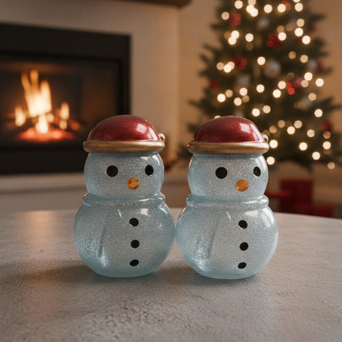 Two snowman-shaped glittery jars on a surface with a Christmas tree and fireplace in the background.