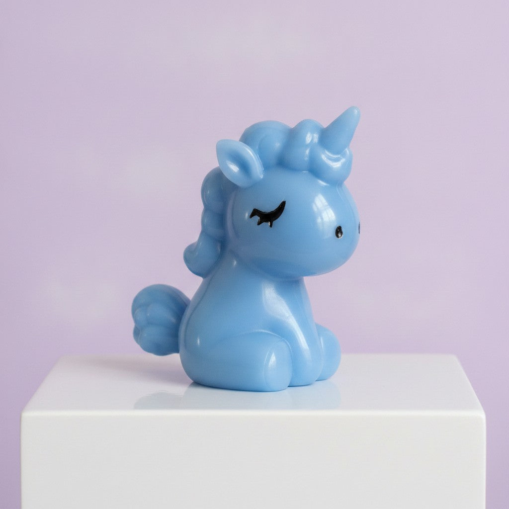 A light blue glossy unicorn figurine sitting on a white cube pedestal against a soft lavender background.