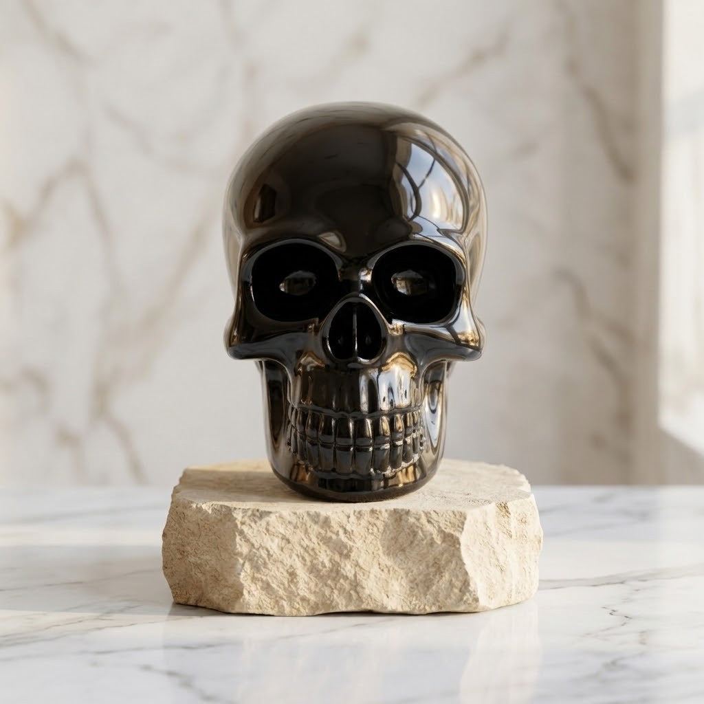 Gothic Skulls - A glossy black ceramic skull sculpture displayed on a textured beige stone block, set against a soft-focus marble background.
