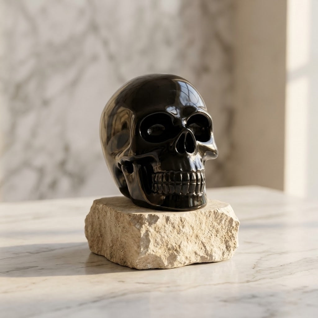 Gothic Skulls -  A glossy black skull sculpture displayed on a textured beige stone base, set on a light marble surface with a blurred marble wall background.