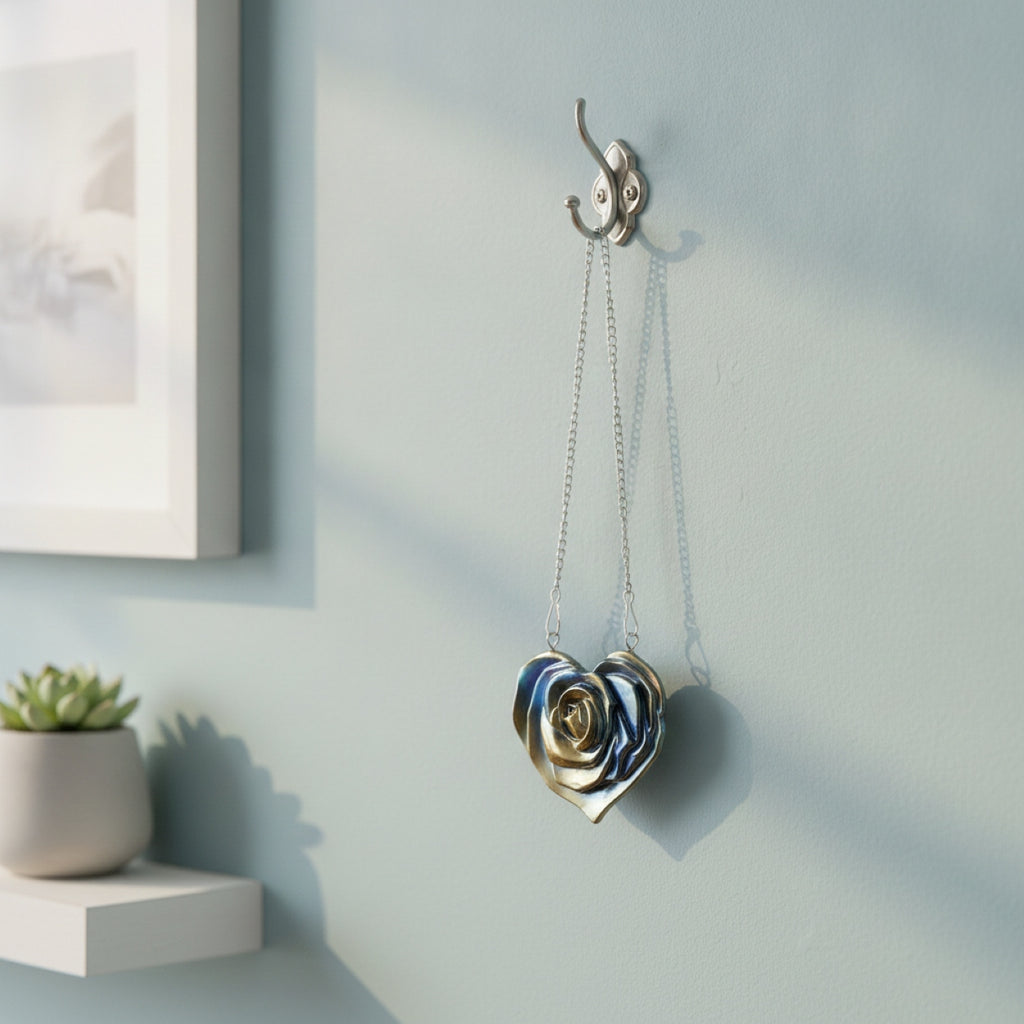 A metallic silver wall hook hanging on a pale blue wall, with a sculptural rose-shaped ornament suspended from it by two chains. Part of a framed print and a small potted succulent are visible on a shelf to the left.