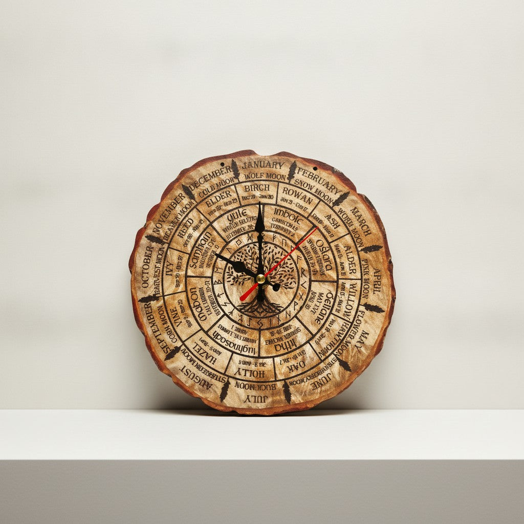 A circular wooden Celtic Calendar Clock wheel clock with written months and days, black hands, and a small red accent, displayed on a white shelf against a light gray wall.