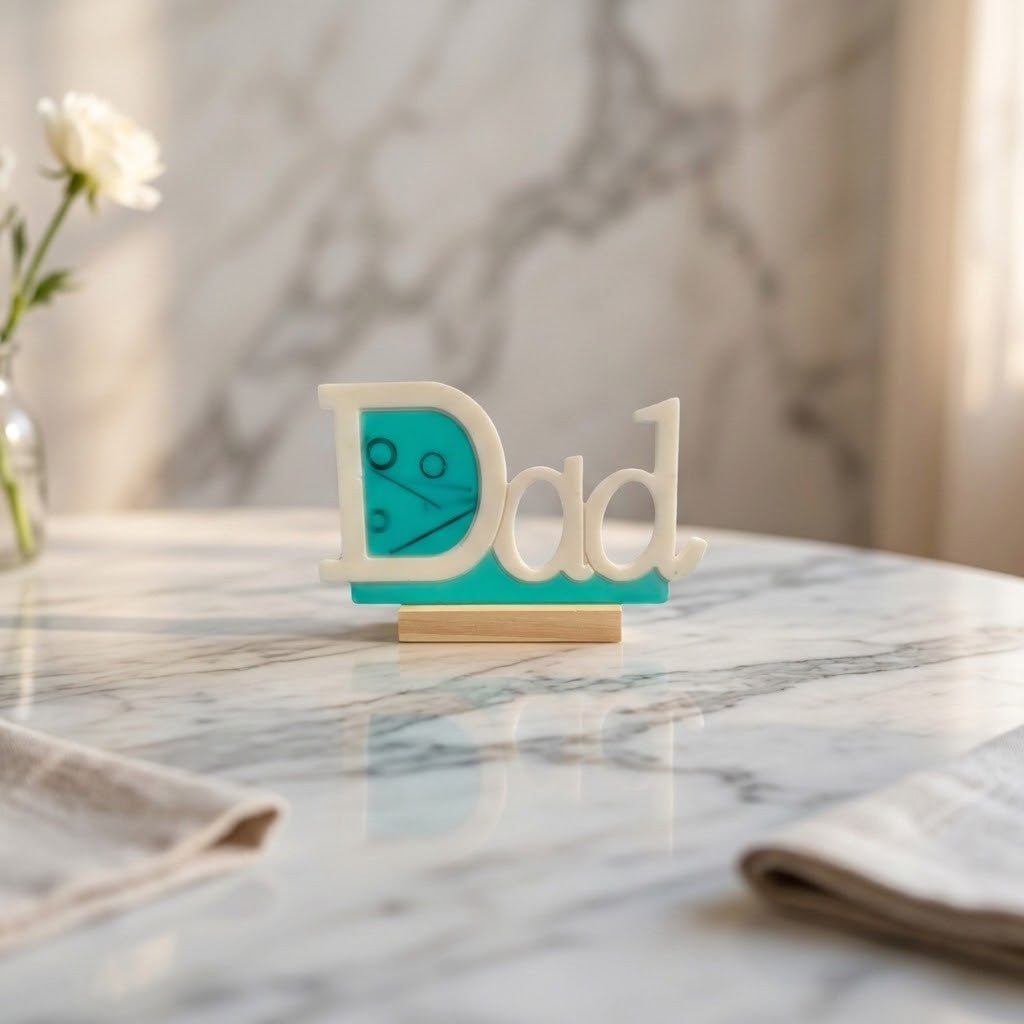 Handmade Dad Plaque - A decorative tabletop sign spelling 'Dad' in white letters with a turquoise blue interior and a small wooden base, placed on a marble table in a softly lit indoor setting.