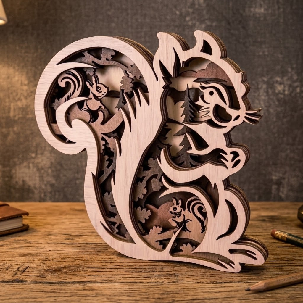 Wooden Squirrel Ornament - A laser-cut wooden squirrel figurine with layered cut-outs and natural wood grain, displayed on a rustic wooden tabletop against a dark textured background.