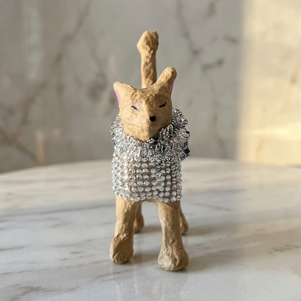 Diamante Cat Figurine - A small sculptural figurine of a cat wearing a silver rhinestone collar, standing on a white marble table in a softly lit interior.