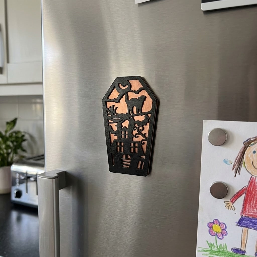 Coffin Shaped Fridge Magnets - A coffin-shaped black resin refrigerator magnet with a Halloween design, shown attached to a stainless steel fridge door next to a child's drawing.
