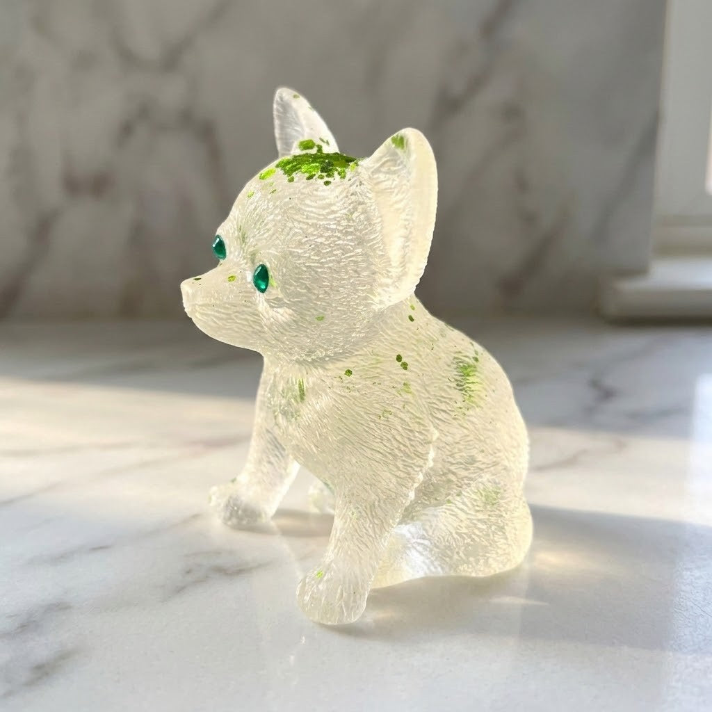 Chihuahua Dog Figurines - Side view of a small translucent white figurine shaped like a seated dog, with green speckles and green eyes, photographed on a light marble surface with a softly blurred marble background.