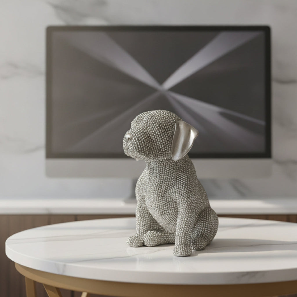 A silver dog figurine decorative sculpture covered in sparkling rhinestones sits on a round white marble-top table, with a blurred computer monitor and marble wall behind it.
