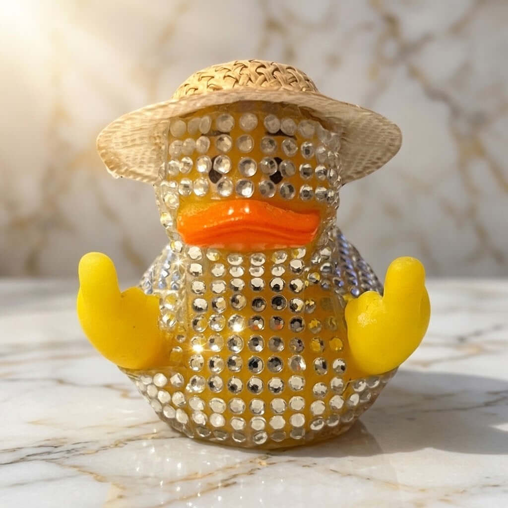 Diamante Duck Figurine - A rhinestone-covered rubber duck figurine wearing a straw hat, with yellow fingers pointing upwards and an orange beak, displayed on a light marble surface.