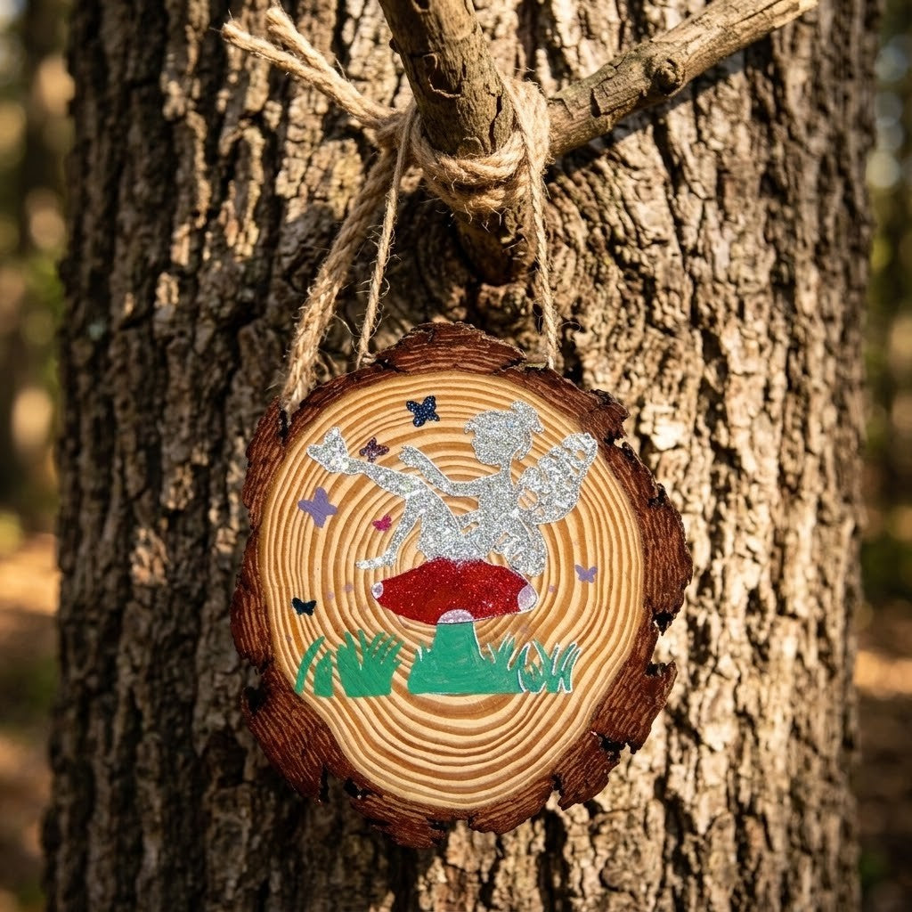 Fairy Log Slice Plaque Hand Painted Hanging Wooden Decal