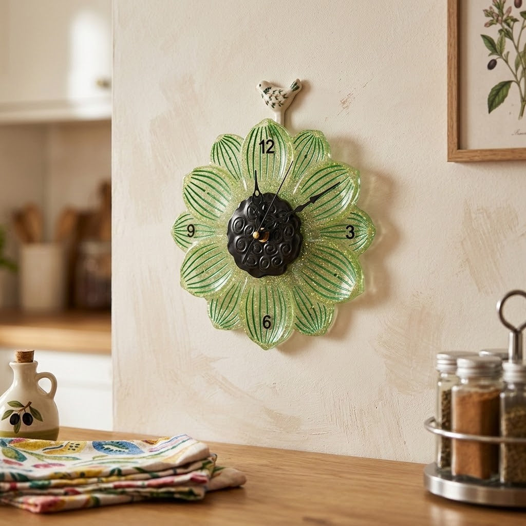 Flower Shaped Clock - A green flower-shaped wall clock with a black centre and black numerals, hanging on a beige wall in a kitchen setting.