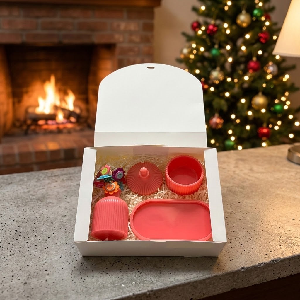 Vase and Trinket Box Set -  Pink resin vase, trinket box with lid and oval tray nestled in an open white gift box with colourful button flowers.