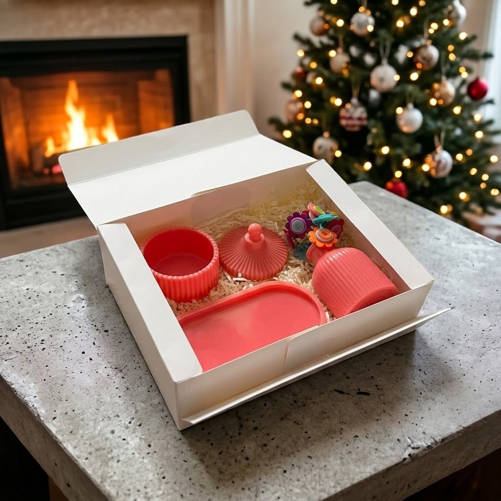 Vase and Trinket Box Set - Angled view of a pink resin vase and trinket box gift set with matching oval tray and button flowers in a white presentation box.