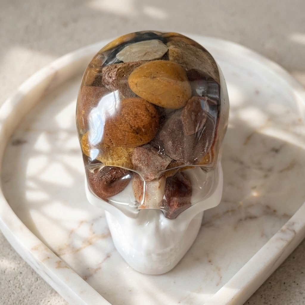 Gothic Resin Stone Skull - Top view of a decorative skull sculpture made of a clear resin dome filled with smooth river stones in earthy brown, tan, and grey tones, mounted on a white ceramic base and displayed on a white marble tray.