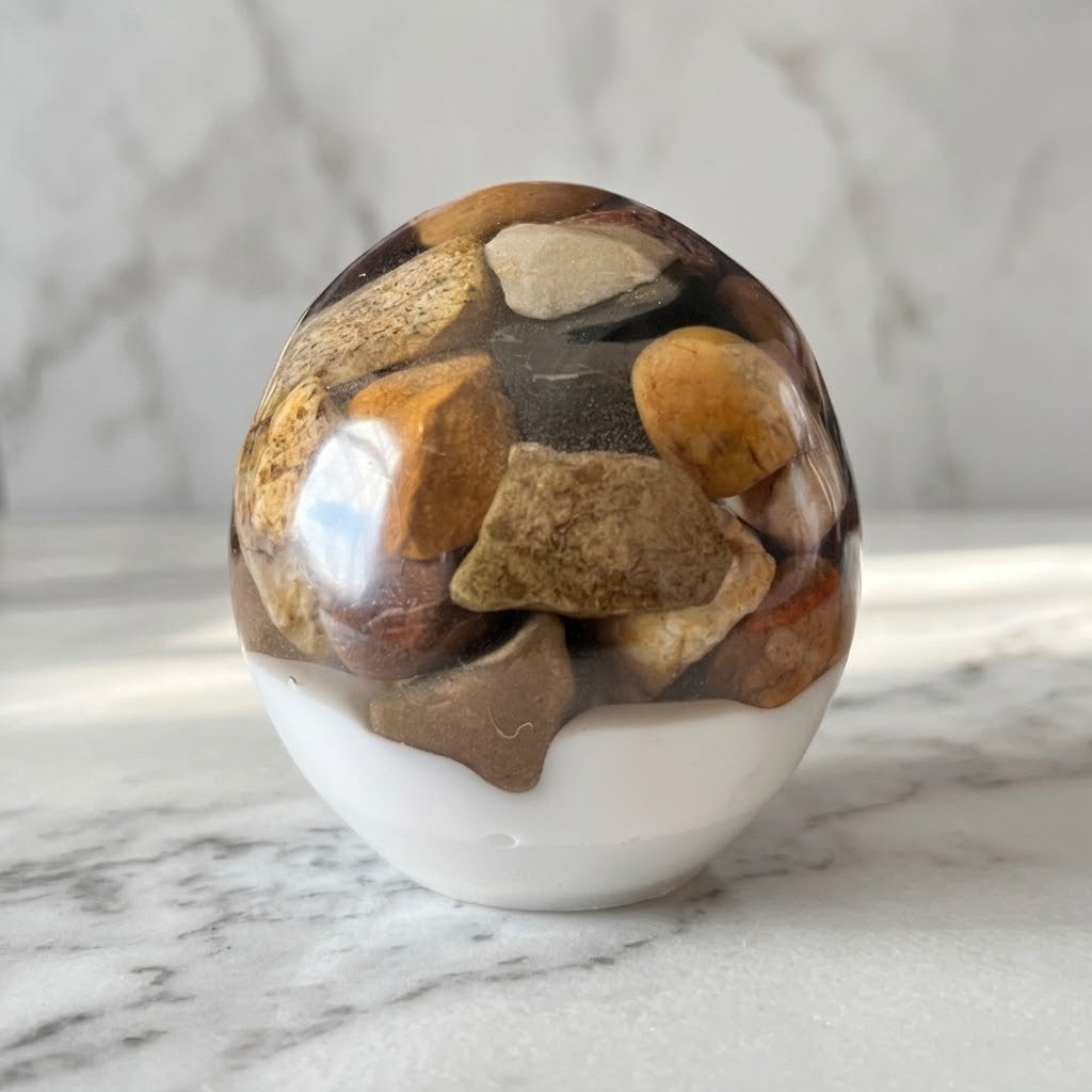 Gothic Resin Stone Skull - Back view of a decorative oval resin sculpture featuring a glossy top half filled with smooth river stones in earthy brown, tan, and cream tones, resting on a white lower half, set on a white marble surface with a matching marble background.