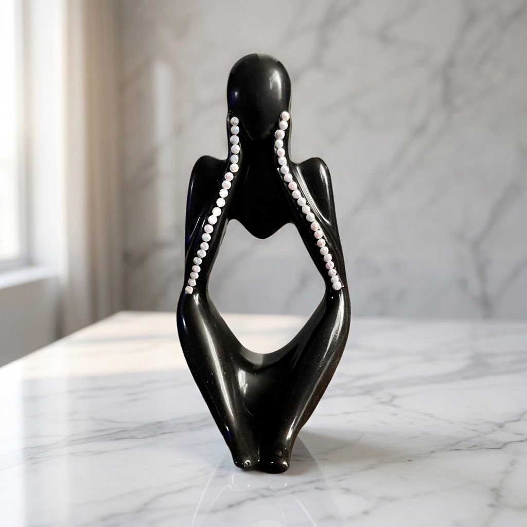 Nordic Resin Thinker - A glossy black abstract sculpture of a seated female figure with white pearl-like bead strands running down the back, displayed on a white marble surface against a blurred marble wall.