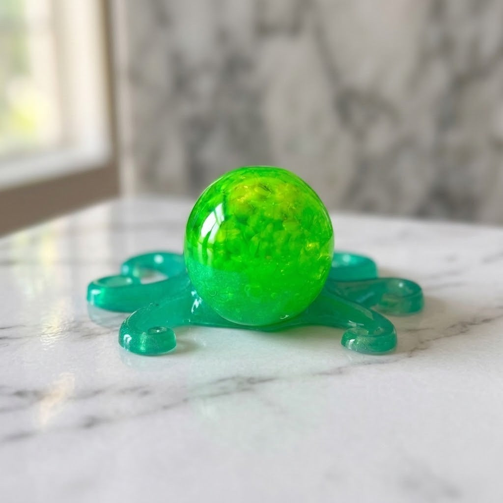 Translucent back of a green octopus figurines with an illuminous green ball, surrounded by five flexible, green wavy resting on a white marble surface.