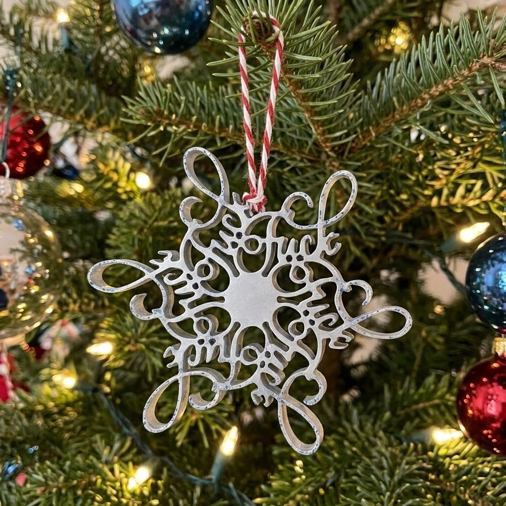 Novelty Christmas Tree Decorations - A silver resin snowflake Christmas ornament with intricate cut out details and a red and white striped hanging string, displayed on a decorated Christmas tree with green pine needles and warm lights.