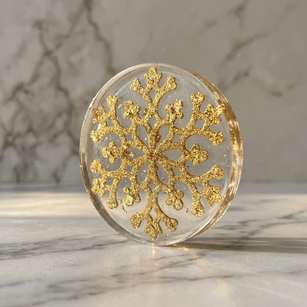 Christmas Snowflake Coaster - A round clear resin coaster featuring an intricate gold glitter snowflake design in the centre, standing upright on a white marble surface with a matching marble background.