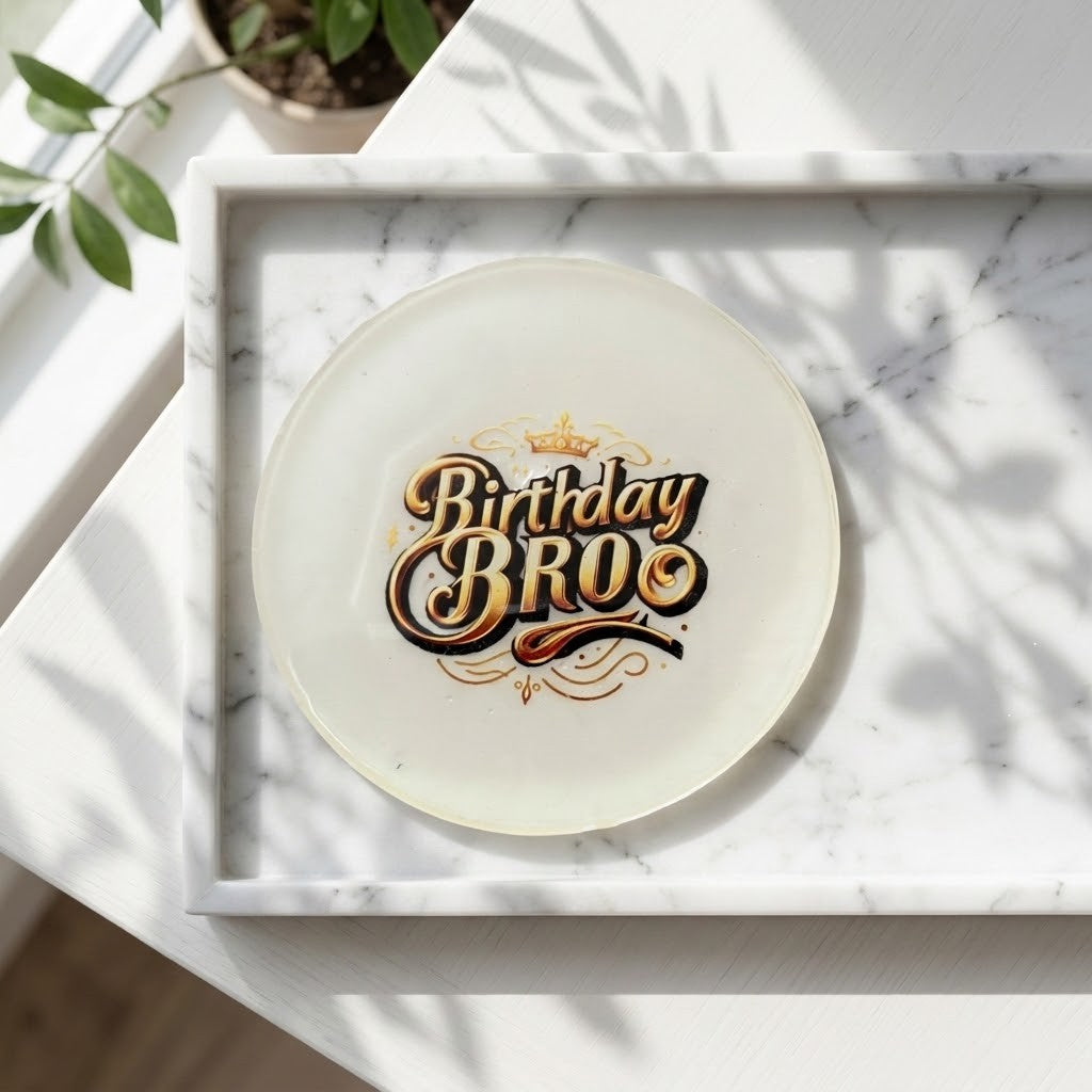 Birthday Boy Coasters - A round white coaster with the phrase 'Birthday BRO' in stylized gold and black lettering, placed inside a white marble tray on a sunlit tabletop.