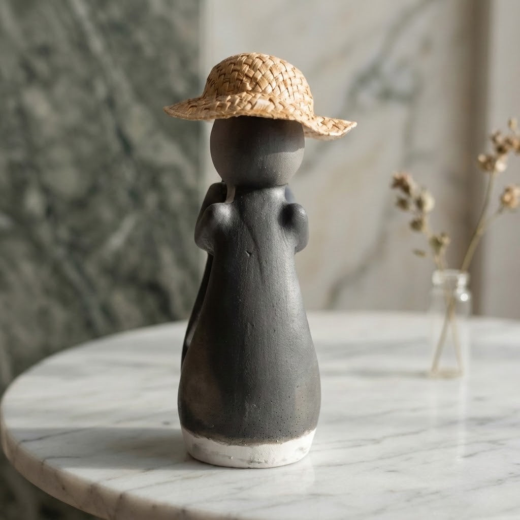 Hugging Couple Figurine - Side view of a dark charcoal grey ceramic figurine of a person wearing a woven straw hat, displayed on a white marble table with a blurred background.