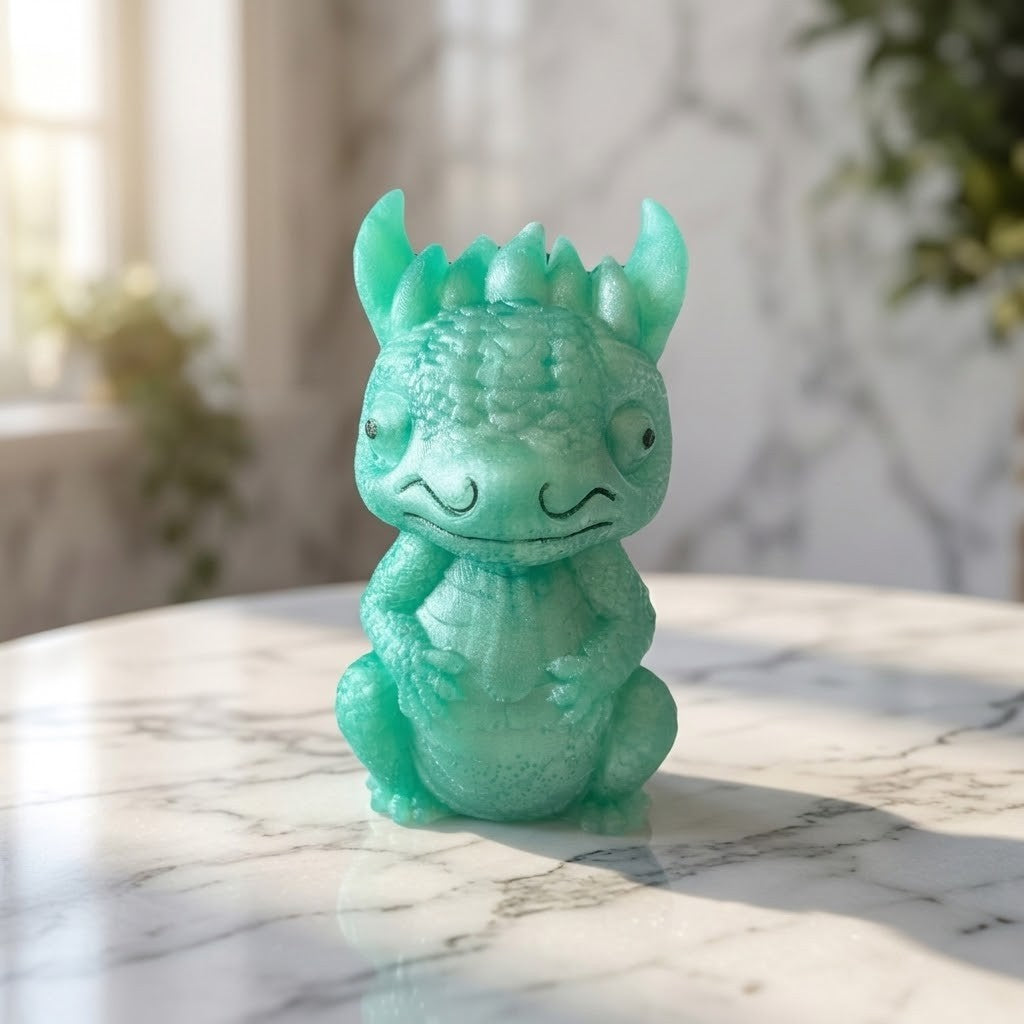Baby Dragon Figurines - A small mint green dragon figurine sitting on a white marble table with a blurred indoor background.