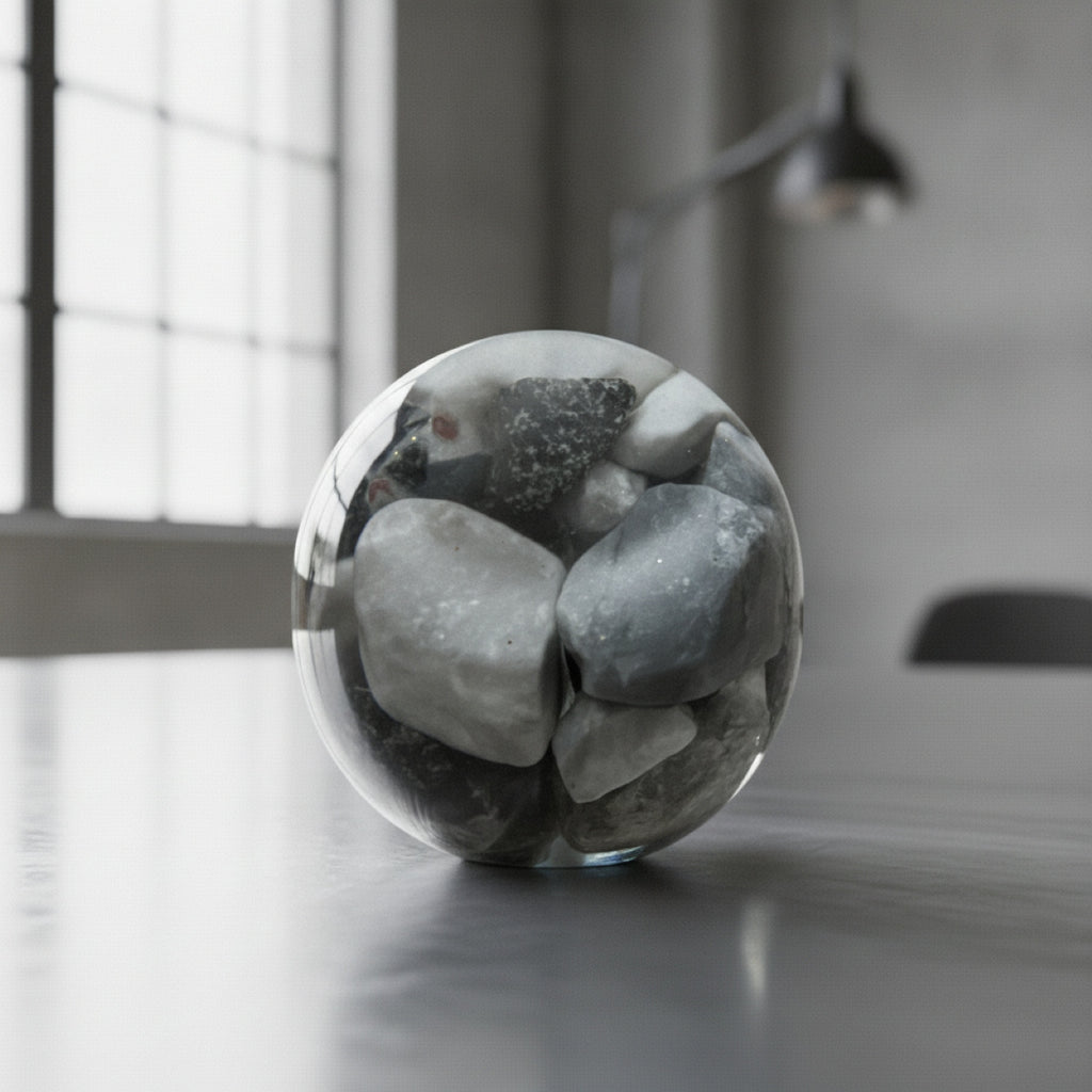 Back of a clear glass decorative skull filled with smooth gray and black stones, placed on a tabletop in a softly lit interior setting.