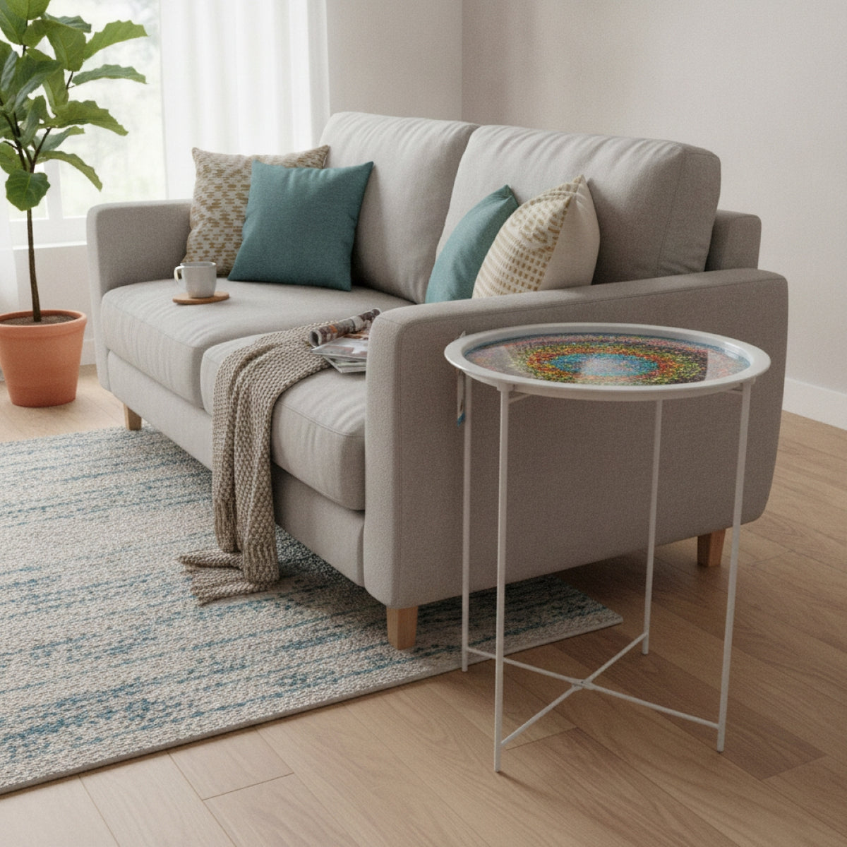 A light beige fabric sofa in a bright living room, styled with teal and cream pillows, a knitted throw blanket, and a small round side table with a colorful mosaic tray on a white metal frame.