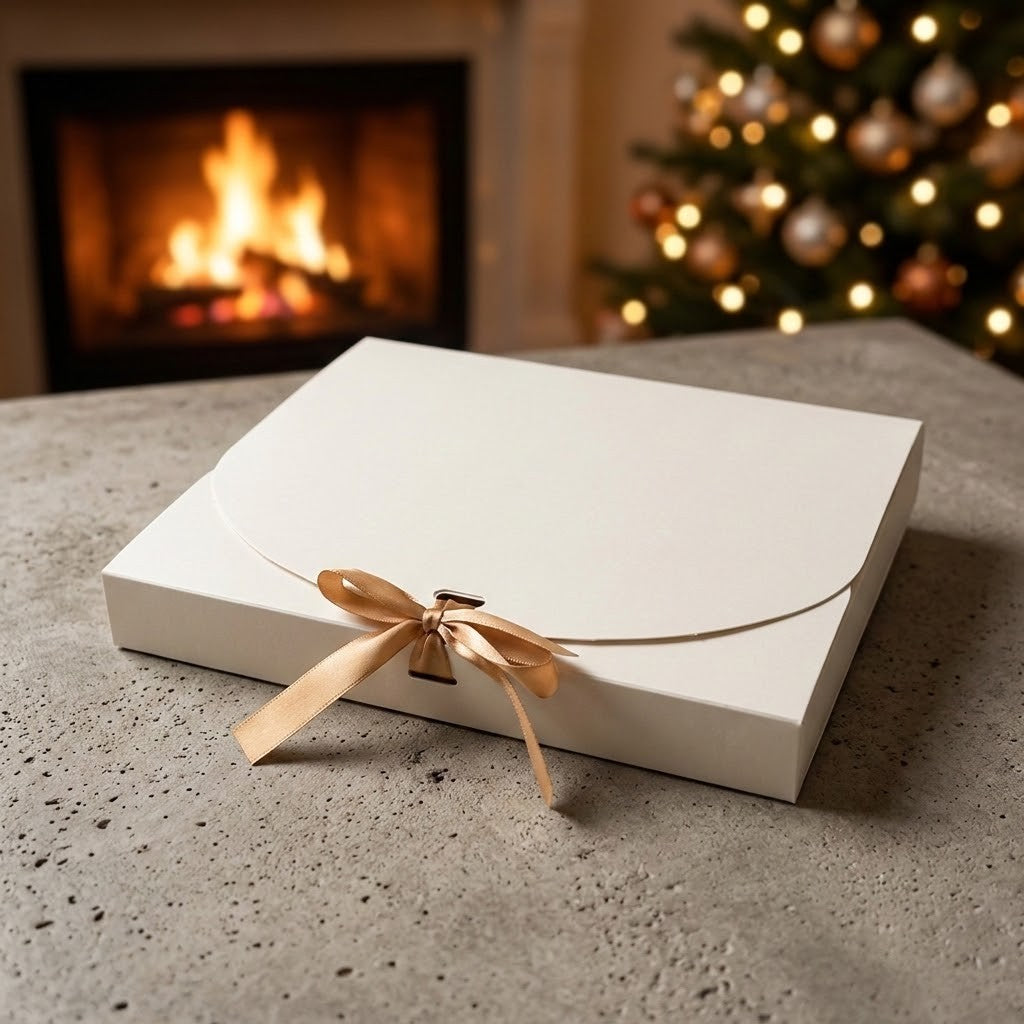 Handmade Vase and Trinket Box Set - White gift box tied with a gold satin bow on a stone surface, with a glowing fireplace and Christmas tree behind it.
