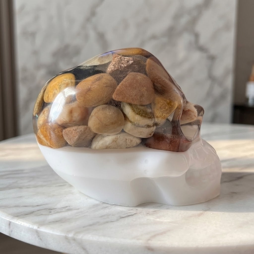 Gothic Resin Stone Skull - Side view of a decorative skull-shaped sculpture with a glossy transparent amber-brown top section filled with smooth multi-coloured pebbles, mounted on a matte white lower base, displayed on a white marble surface.
