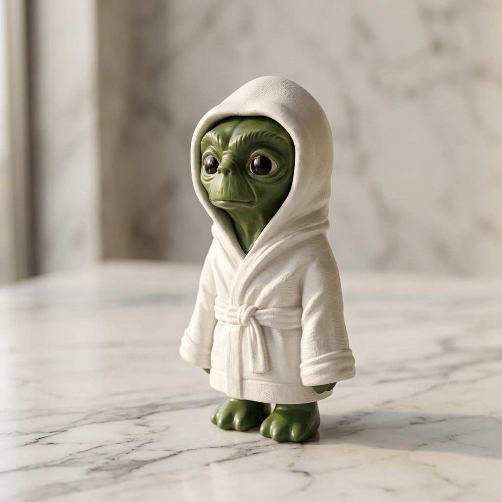 ET Alien Figurine - A small green creature figurine wearing a white hooded robe, standing on a light marble surface with a softly blurred marble background.