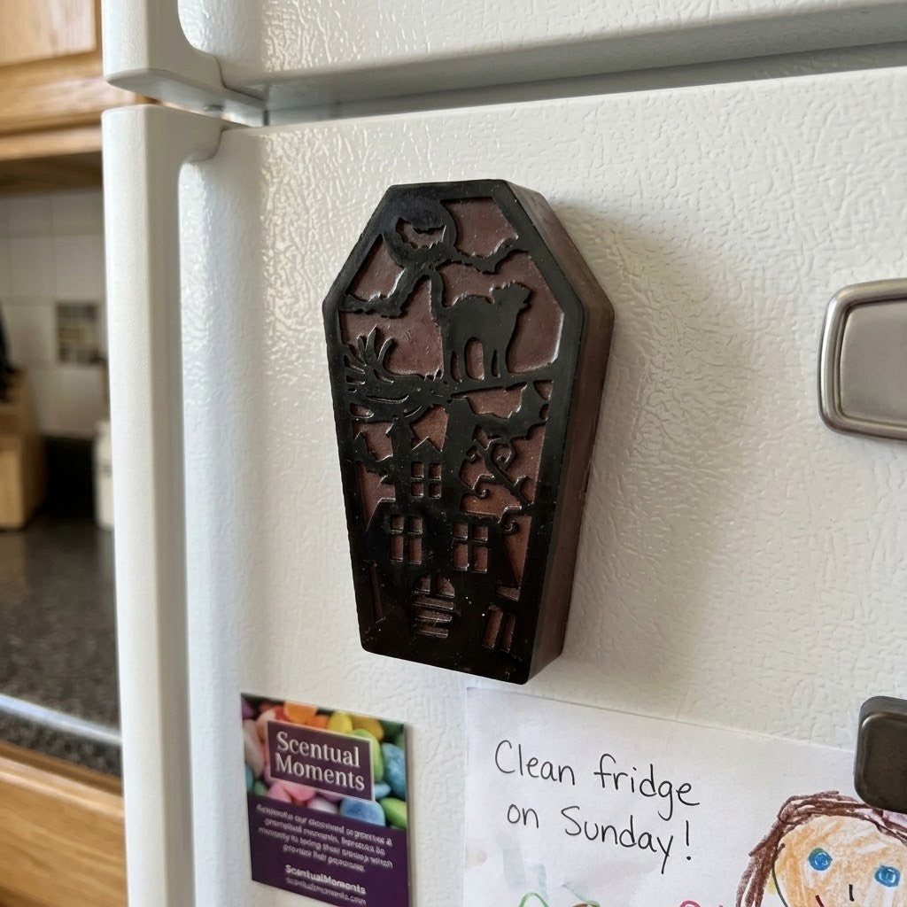 Coffin Shaped Fridge Magnets - A coffin-shaped black resin refrigerator magnet with a Halloween graveyard design, shown attached to a white textured refrigerator door next to other magnets.