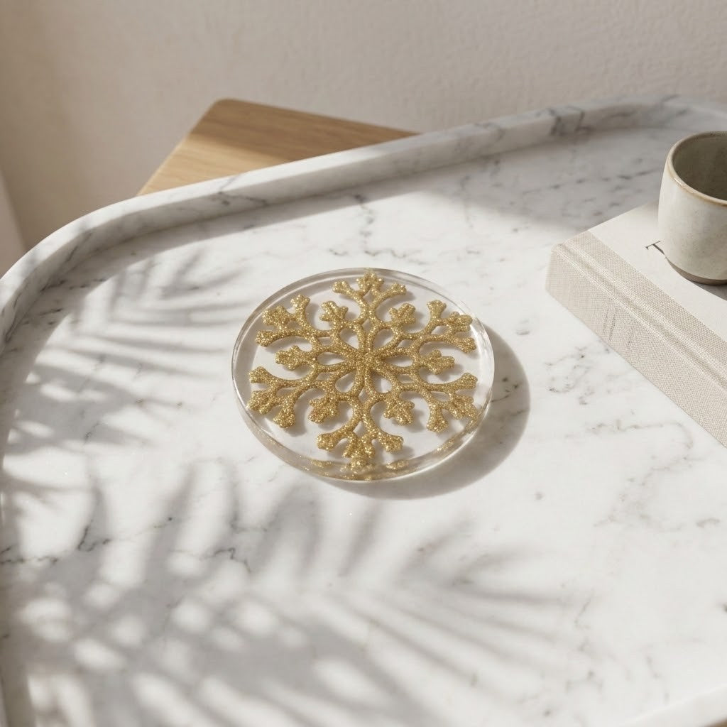 Christmas Snowflake Coaster - A round clear resin coaster featuring a raised gold glitter snowflake design, displayed on a white marble tray with leaf shadows cast across it.