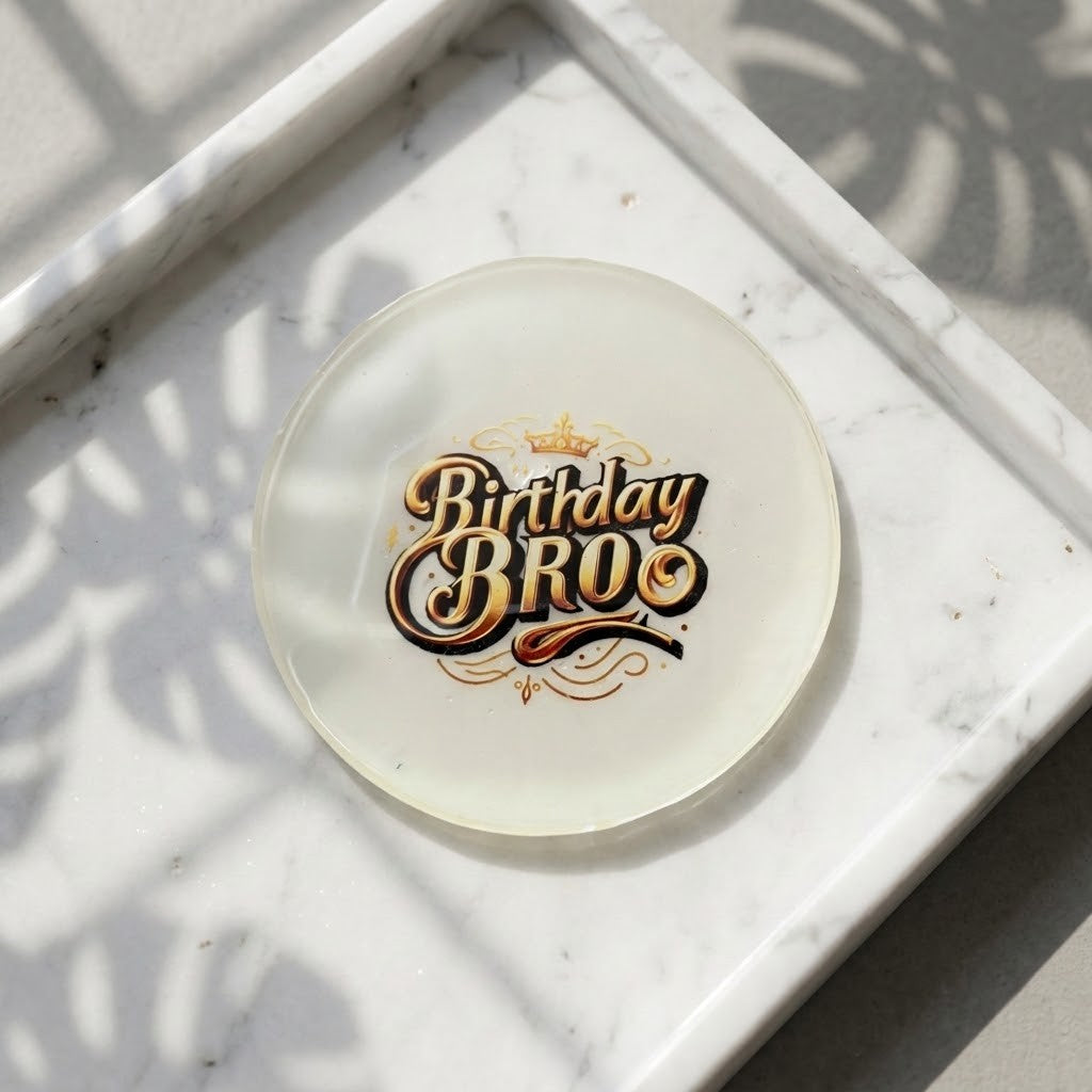 Birthday Boy Coasters - A round, translucent white resin coaster featuring the text 'Birthday BRO' in a stylized gold and black font, resting on a white marble tray with leaf shadows cast across it.