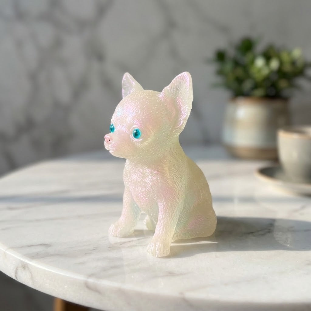 Chihuahua Dog Figurines - Side view of a small translucent figurine of a seated puppy or dog with bright blue eyes, placed on a white marble surface against a softly blurred marble background, with a potted plant and cup with saucer.