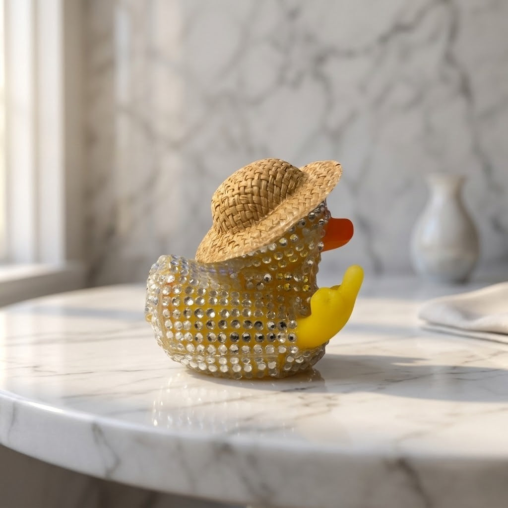 Diamante Duck Figurine -  Side view of a rhinestone-embellished rubber duck toy wearing a woven straw hat and a yellow beak, displayed on a white marble surface with a marble wall background.
