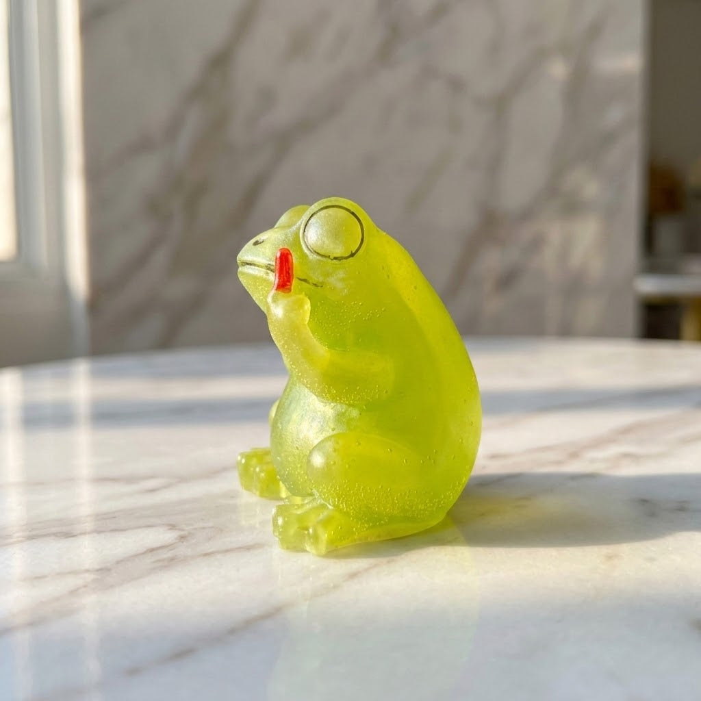 Novelty Frog Figurine - Left side view of a  translucent lime green frog figurine with a red middle finger pointing upwards, sitting on a white marble surface with a blurred marble wall in the background.