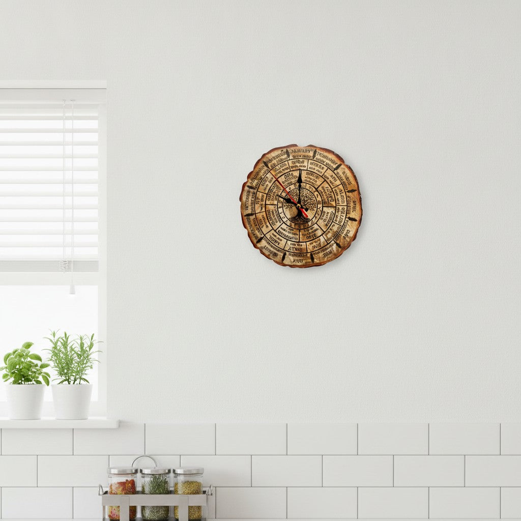 Celtic Calendar Clock - A round wall clock made from a natural wood slice with concentric rings and black hands, mounted on a white wall in a bright kitchen setting with a window and white subway tiles.