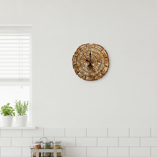 Celtic Calendar Clock - A round wall clock made from a natural wood slice with concentric rings and black hands, mounted on a white wall in a bright kitchen setting with a window and white subway tiles.